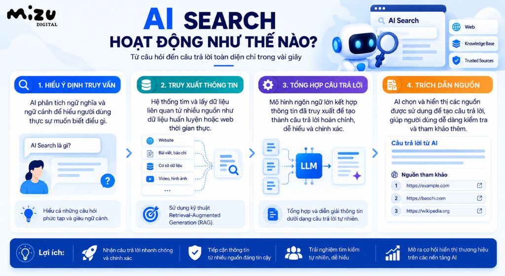 AI Search hoạt động qua ba giai đoạn chính gồm hiểu ý định truy vấn