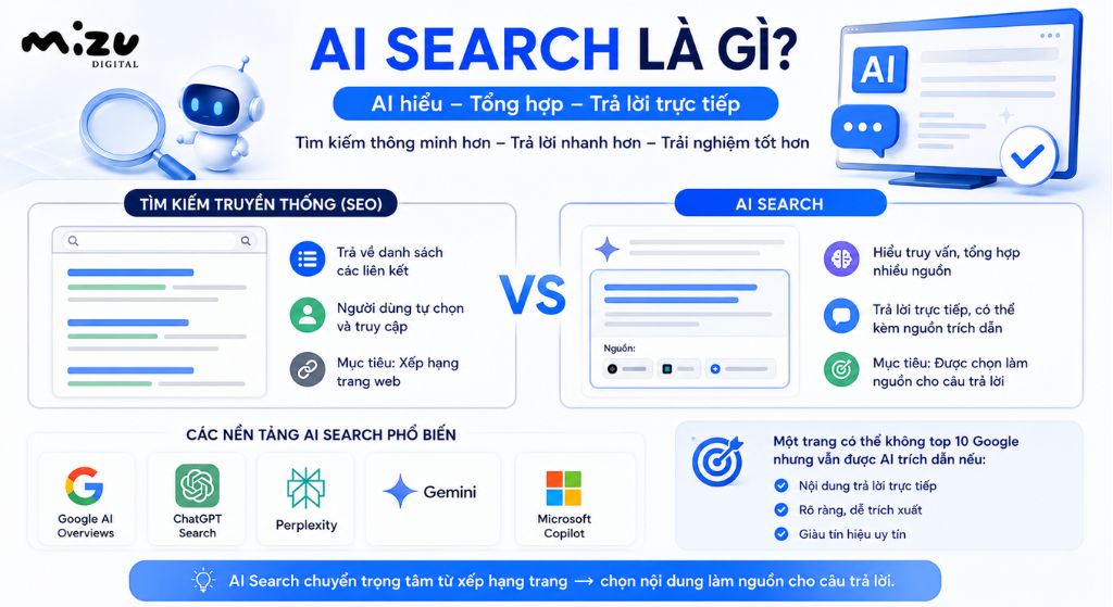 AI Search là hình thức tìm kiếm trong đó công cụ sử dụng trí tuệ nhân tạo để hiểu truy vấn