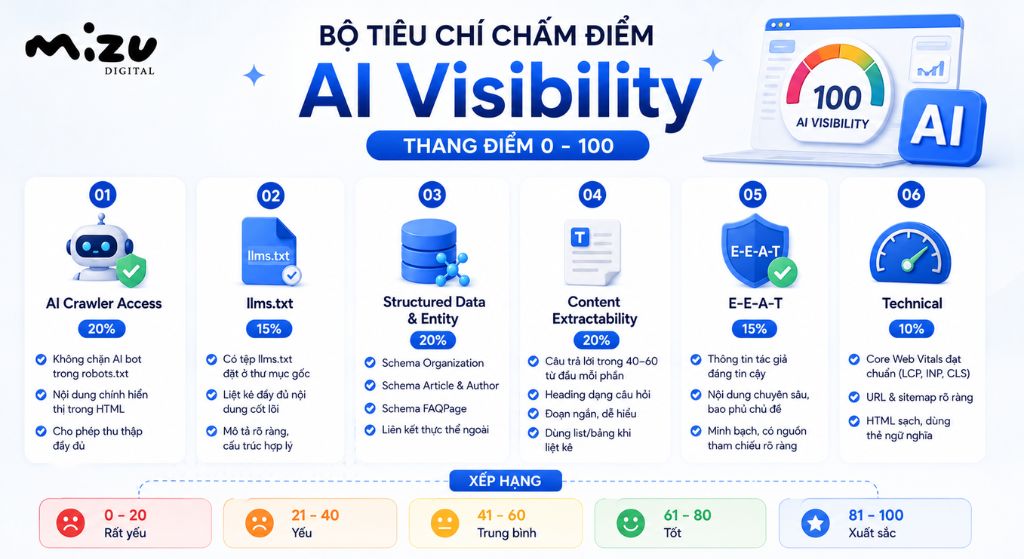 Bộ tiêu chí chấm điểm AI Visibility từ 0 đến 100