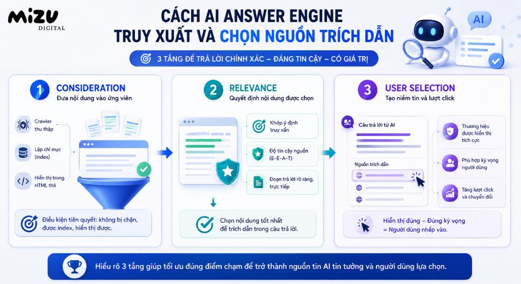Cách AI Answer Engine truy xuất và chọn nguồn trích dẫn