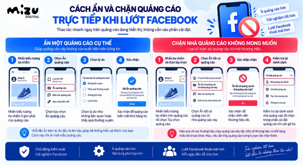 Cách ẩn và chặn quảng cáo trực tiếp khi lướt Facebook