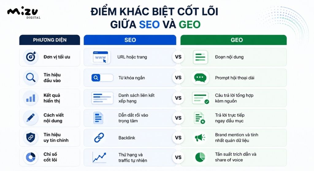 Điểm khác biệt cốt lõi giữa SEO và GEO