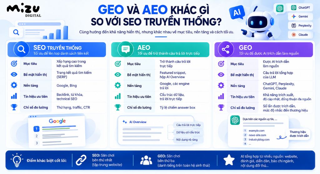 GEO và AEO khác gì so với SEO truyền thống