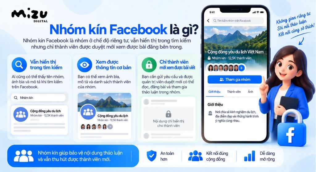 Nhóm kín Facebook là nhóm ở chế độ riêng tư và vẫn hiển thị trong tìm kiếm