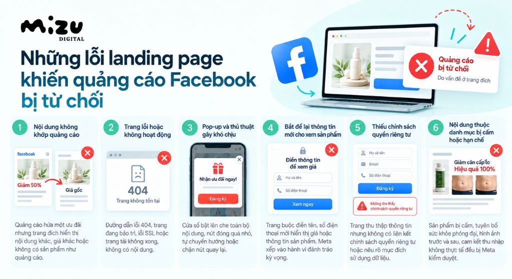 Những lỗi landing page khiến quảng cáo Facebook bị từ chối