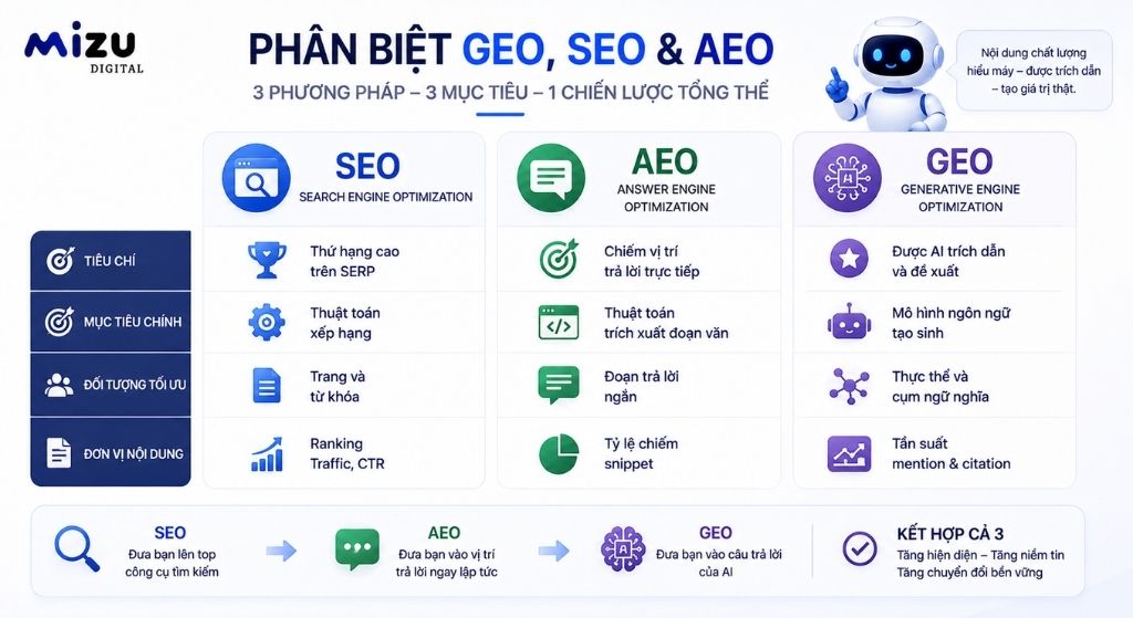 Phân biệt GEO với SEO và AEO