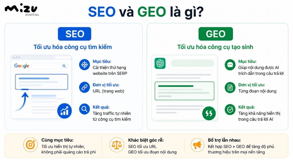 SEO và GEO đều thuộc nhóm tối ưu hiển thị tự nhiên