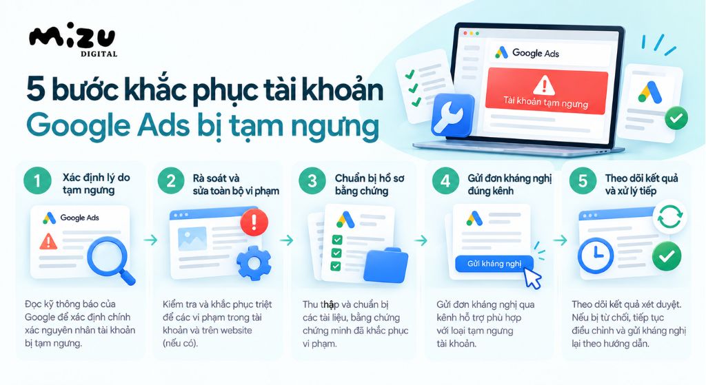 5 bước khắc phục tài khoản Google Ads bị tạm ngưng