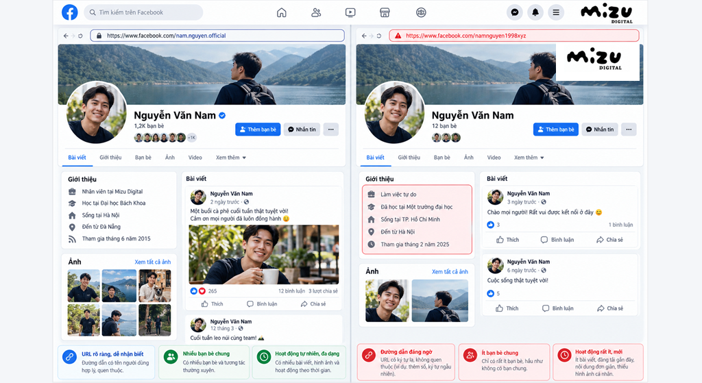 Đối chiếu ảnh, thông tin, hoạt động và URL để nhận biết nick giả