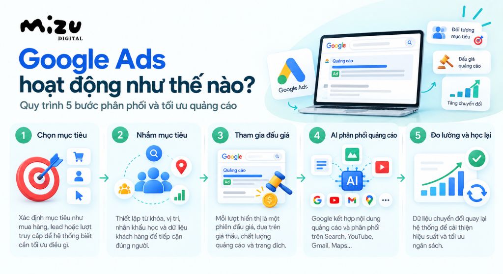 Google Ads hoạt động theo quy trình năm bước