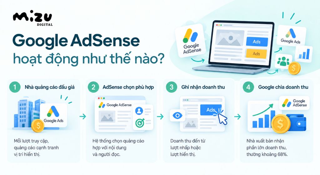 Google AdSense hoạt động theo quy trình bốn bước gồm