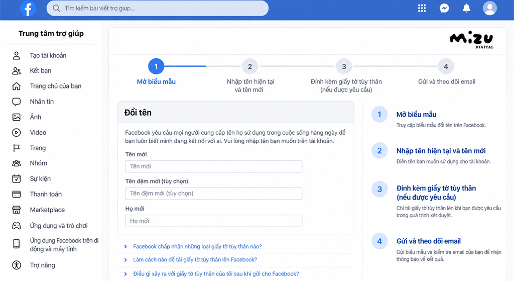Các bước đổi tên Facebook bằng biểu mẫu Link 333