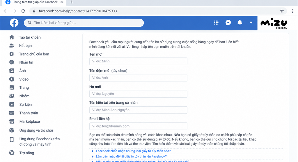 Bảng mẫu điền thông tin đổi tên Facebook qua Link 333