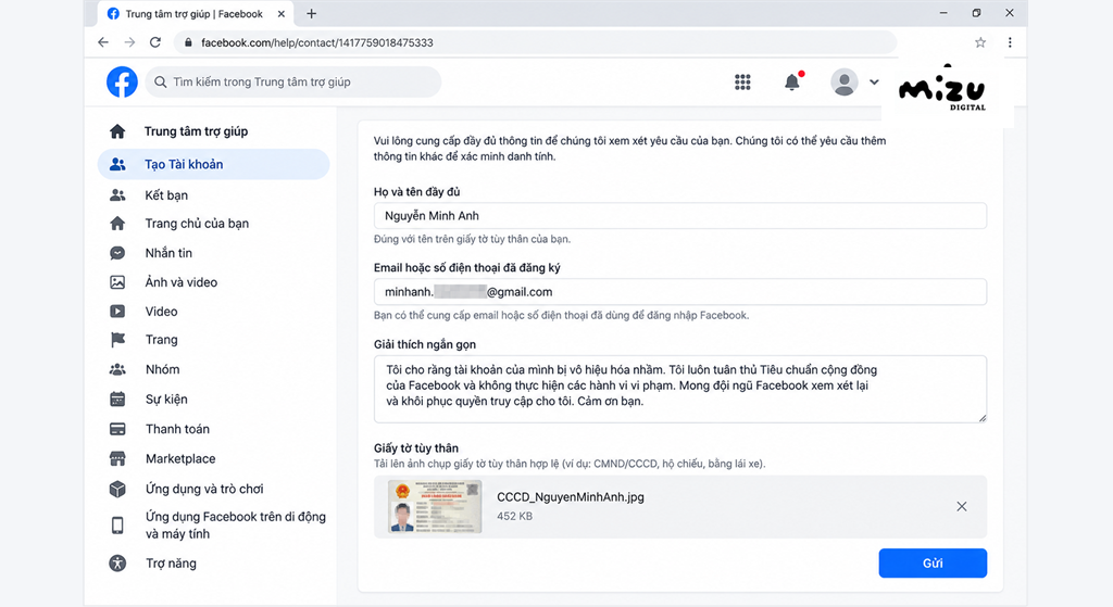 Điền email, họ tên, ngày sinh, lý do kháng nghị và giấy tờ theo thông tin chính xác của bạn
