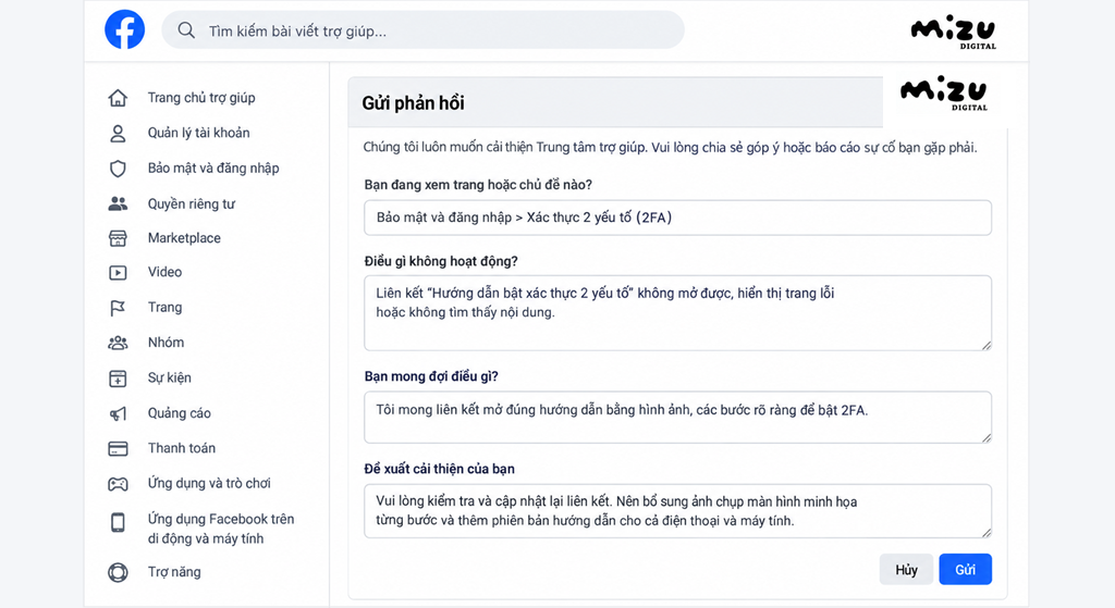 Một góp ý rõ ràng nêu trang gặp vấn đề, mô tả, bối cảnh và đề xuất cải thiện
