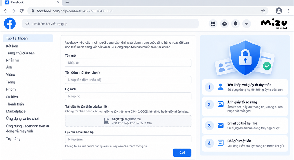 Các lưu ý khi gửi biểu mẫu yêu cầu đổi tên Facebook qua Link 333