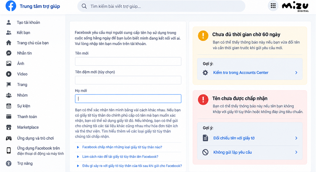 Cách xử lý lỗi chưa đủ 60 ngày hoặc yêu cầu đổi tên Facebook bị từ chối